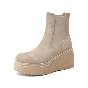 QUEEN HELENA Chelsea Platform X31-129 Enkellaarzen met sleehak voor dames, Beige, 35 EU