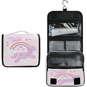 Eenhoorn Roze Opknoping Opvouwbare Toilettas Cosmetische Make-up Tas Reizen Kit Organizer Opbergtassen Case voor Vrouwen Meisjes Badkamer