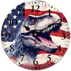 Onafhankelijkheidsdag dinosaurus Amerikaanse vlag houten wandklok batterij-aangedreven stille niet-tikkende ronde klok decoratief voor thuis woonkamer