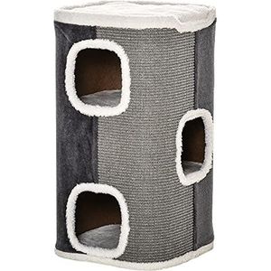 PawHut kattenkrabpaal kattenbak 3 niveaus kattenboom klimboom voor katten kattenmeubel spaanplaat fluweelachtig polyester sisal grijs + wit 40 x 40 x 74 cm