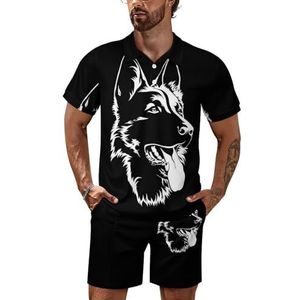 Zwarte Duitse herder heren poloshirt set korte mouwen trainingspak set casual strand shirts shorts outfit 3XL