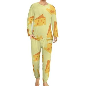 Eten Themed Smakelijke Kaas Comfortabele Heren Pyjama Set Ronde Hals Lange Mouw Loungewear met Zakken 5XL