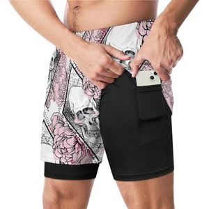 Menselijke Schedel Met Pioen Rose Grappige Zwembroek Met Compressie Liner & Pocket Voor Mannen Board Zwemmen Sport Shorts