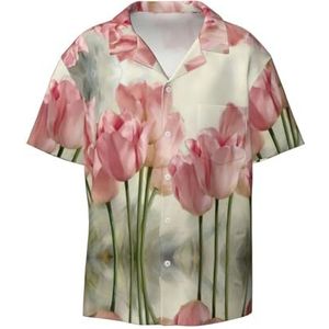 OdDdot Roze tulpenprint herenoverhemden atletisch slim fit korte mouw casual zakelijk overhemd met knopen, Zwart, M