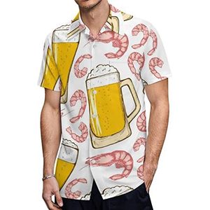 Beer Garnalen Hawaiiaanse shirts voor heren, casual overhemd met korte mouwen, knoopsluiting, vakantie, strandshirts, L