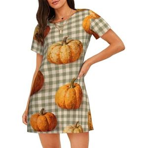Zelinge Korte Mouw Nachtjapon Vrouwen Nachtshirt Slaap Shirts Ruime Nachtkleding S-3XL, Herfst Pompoenen Groen Plaid Schattig, S