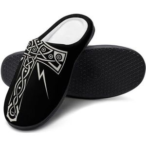 Interessante Platte Pantoffels met Viking-patroon, Winterwarme Harige Huiskatoenen Pantoffels met Gesloten Teen, Wasbare Pantoffels met Rubberen Zool/antislip (Color : Thor's hammer, Size : 7-8(40-4