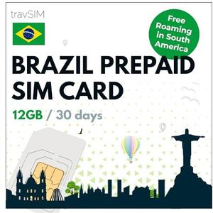 travSIM Brazilië SIM Kaart | 12GB mobiele data met 4G/5G snelheden | Gratis roaming in Zuid-Amerika | Werkt op iOS en Android apparaten | Plan op Brazilië SIM Kaart Prepaid is 30 dagen geldig