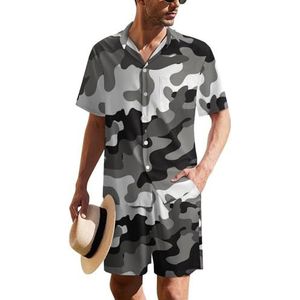 Grijze camouflage Hawaiiaanse pak voor heren, set van 2 stuks, strandoutfit, shirt en korte broek, bijpassende set