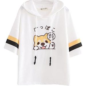 Kawaii-T-shirts voor dames, schattige puppy, geborduurde trui, trui, top, T-shirt, blouse met korte mouwen, Wit, one size