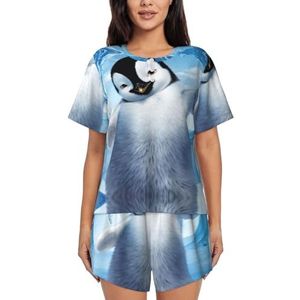 JIAWUJYNB Leuke pinguïns foto's maken print dames pyjama met korte mouwen - comfortabele korte sets, nachtkleding met zakken, Zwart, S