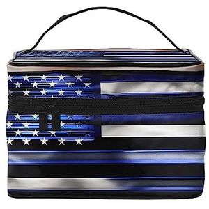 Angel Wing Print Makeup Bag,Draagbare cosmetische tas,Grote capaciteit reizen make-up case organizer, Amerikaanse Dunne Blauwe Lijn Vlag, Eén maat