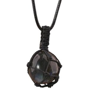 Crystal Tumbled Stone Pendant Necklace For Women Knotted Net Bag Leather Necklace Yoga Meditation Jewelry Gifts (Color : Labradorite)