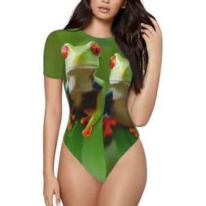 ELSMZXZD Bodysuit met korte mouwen voor dames - grappige kikkers bedrukt ronde hals bodysuit, rekbaar T-shirt top, casual slim fit turnpakje, 3 D, S