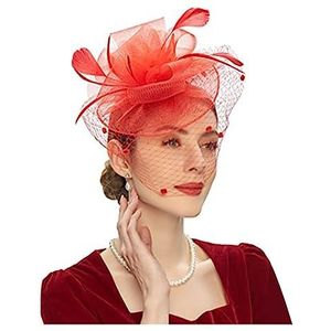 Accessoire Cheveux retro bruids hoofddeksels sluier bruiloft haaraccessoires bloem geruite mesh veer hoge hoed haarspeld fascinator (kleur: rood, maat: 1)