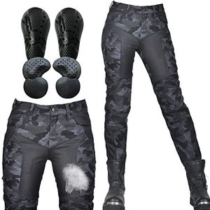 SHUOJIA Rijbroek voor dames, stijlvolle en duurzame Kevlar motorjeans, camouflage-denim broek met ademend mesh en afneembare heup- en kniebeschermers, Blauw, L