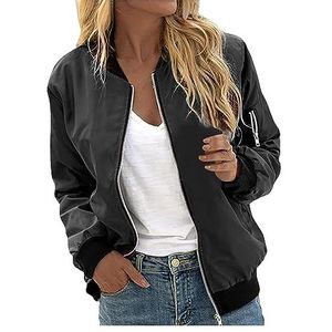 Bomberjack Kort Damesjack Lentelicht Overgangsjack Casual Pilotenjack Met Lange Mouwen Vintage Sportief Collegejack Met Ritssluiting Springjack Pilotenjack Motorjack(Noir,M)