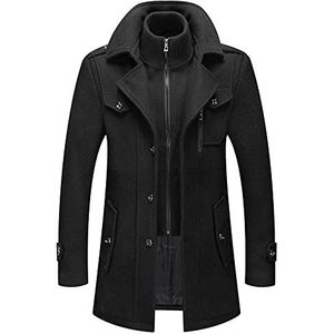 Heren Winterjas,Heren Warme Wollen Jas, Verwijderbare Dubbele Kraag Erwtenjassen Casual Winter Business Slim Fit Jas Plus Katoenen Voering Dikke Pull Outdoor Winddichte Jas