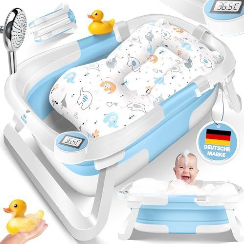 KIDIZ® Babybadje, ruimtebesparend en opvouwbaar, badje, douchebak voor pasgeborenen en peuters, 0-24 maanden, reisdouche, draagbaar, voor baby's, ergonomisch met thermostaat en kussen