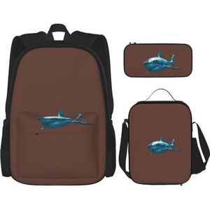 SUHNGE Blauwe Haai Print School Rugzak 3 in 1 Boekentas Set met Lunch Box Potlood Case Reizen Laptop Dagrugzakken, Blauwe Haai, Eén maat