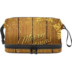 Multifunctionele opslag reizen cosmetische tas met handvat,Grote capaciteit reizen cosmetische tas,Gouden kerst sneeuwvlokken hout textuur, Meerkleurig, 27x15x14 cm/10.6x5.9x5.5 in