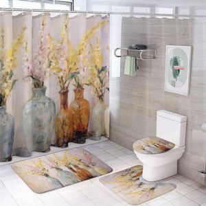 DEBAOKA Moderne bloemen badkamer douchegordijnset geel roze bloem vintage vaas 4 stuks douchegordijnsets, toiletdeksel en badmat douchegordijnen voor badkamer met 12 haken