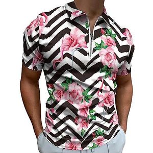 Tropische roze flamingo en roos bloem poloshirt voor mannen casual rits kraag T-shirts golf tops slim fit