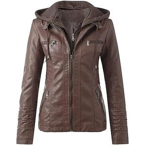 Dames Vintage Mode-jasje Overgangsjack Biker Leren Jack Imitatieleer Bomberjack Met Capuchon Casual Getailleerde Stijl - Herfst Winter Lederen jas Jas van synthetisch leer(Color:Brown,Size:XL)