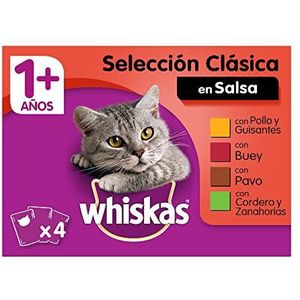 Whiskas Natvoer voor katten, selectie van vlees in saus, multipack (13 x 4 zakjes x 100 g)