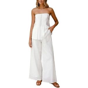 OHERUWKLS Dames Zomer Casual Witte Off Shoulder Tube Top En Rechte Broek 2-Delige Set,Wit,L