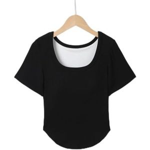 SDFGH Koreaanse versie ronde kraag, korte mouw met borstkussen, geïntegreerd ronde zoom, taille onderaan shirt, casual T-shirt dames (Color : D, Size : Large)