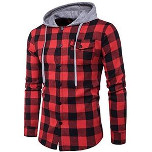 WHKJSS Houthakkershemd hoodies heren gestreept geruit met capuchon klassiek comfortabel overhemden capuchonshirt regular fit casual bovenstuk, rood, M