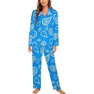 Blauwe Paisley Vrouwen Lange Mouw Button Down Nachtkleding Zachte Nachtkleding Lounge Pyjama Set L