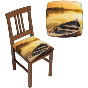 Stoelhoezen, set van twee stuks, vierkante stoelhoezen, wasbare stoelhoezen, rivier, zonsondergang, houten bootkussensloop, afneembare kussenhoes voor eetkamerstoelen, stoelbeschermers voor thuis