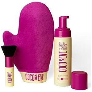 Coco & Eve Sunny Honey Bali bruiningsverpakking (donker), natuurlijk bruiningsschuim zonder zon, instant zelfbruiningslotion met bronzer, applicatorhandschoen en Kabuki-borstel