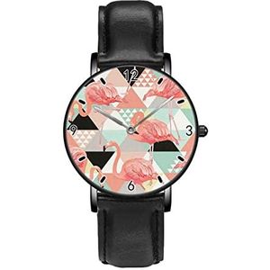 Trendy Hawaiiaanse Roze Flamingo's Palm Rhombus Print Klassieke Patroon Horloges Persoonlijkheid Business Casual Horloges Mannen Vrouwen Quartz Analoge Horloges, Zwart