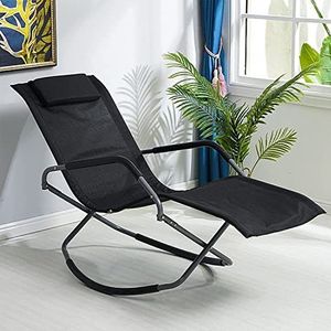 GEIRONV Outdoor Rocking Lounge stoel, tuin gazon veranda opklapbare schommelende chaise met hoofdsteun kussenpoeder gecoate orbitale recliner Fauteuils (Color : Black)