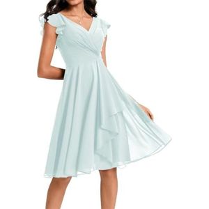 Korte bruidsmeisjesjurk voor dames, chiffon, V-hals, cocktailjurk, zakken, Lichtblauw, 32