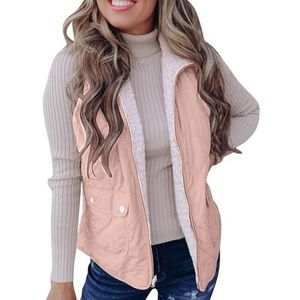 Wintervest Gewatteerd Dames Donsvest, Casual Vest Met Opstaande Kraag, Mouwloos Winterwarm Jack Mouwloos Vest(Pink,XXL)
