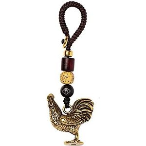Messing haan, sleutelhanger gelukshanger + Bodhi handgeweven touw, decoratief amulet