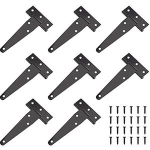 T-scharnieren, 8 stuks, zwarte T-scharnieren, ijzer, gegalvaniseerd, T-vormige deurscharnieren met schroeven, zware belasting, kruishangers voor kasten, ramen, houten hekken, schuren (10 cm)