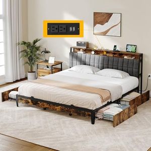 DWVO Kingsize bedframe, gestoffeerd platformbedframe met 4 laden/laadstation, opberghoofdeinde, metalen bedframe, sterke houten latten, geen boxspring nodig, snelle montage, rustiek bruin