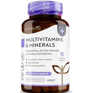 Multivitaminen en Mineralen - 365 Vegan Multivitaminen Tabletten - 1 Jaar Voorraad - 26 Essentiële Actieve Vitaminen en Mineralen voor Mannen en Vrouwen - Gemaakt in het VK door Nutravita
