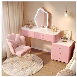 YYUINU Make-uptafel, kaptafel, kaptafel met spiegel en licht, 3 verlichtingsmodi, make-up ijdelheid, roze kaptafel met veel opslag, zachte gewatteerde stoel voor slaapkamer, 100 cm