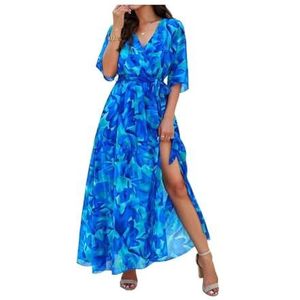 Dames zomer maxi-jurk casual split halve mouw V-hals ditsy jurk stropdas taille strandjurk, Blauw, S