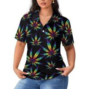 Tie Dye Weed Rainbow Leaf dames sportshirt korte mouwen T-shirt golf shirts tops met knopen workout blouses