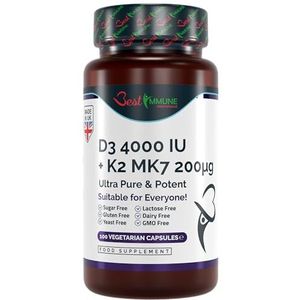 Natuurlijke Vitamine D3 4000IU K2 MK7 200mcg Premiumkwaliteit 100 Capsules Immuunondersteuning Maximale Opname Premiumkwaliteit