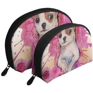 Make-uptas, reizen cosmetische tas 2 stuks draagbare clutch zakje set zakje organizer rose roze chihuahua hond kunst schilderij, zoals afgebeeld, Eén maat