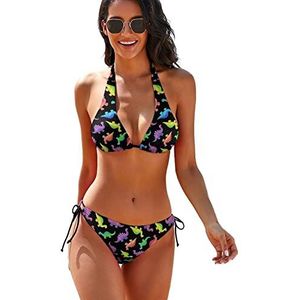 Kleurrijke Dinosaurus Dino's Tweedelige Halter String Driehoek Bikini Sets Sexy Tankini Badpak Voor Vrouwen