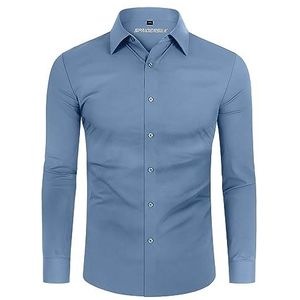 DEMEANOR Overhemd Heren Stretch Lange Mouwen Vrijetijdshemd Slim Fit Zakelijk Strijkvrij, Hemelsblauw, S
